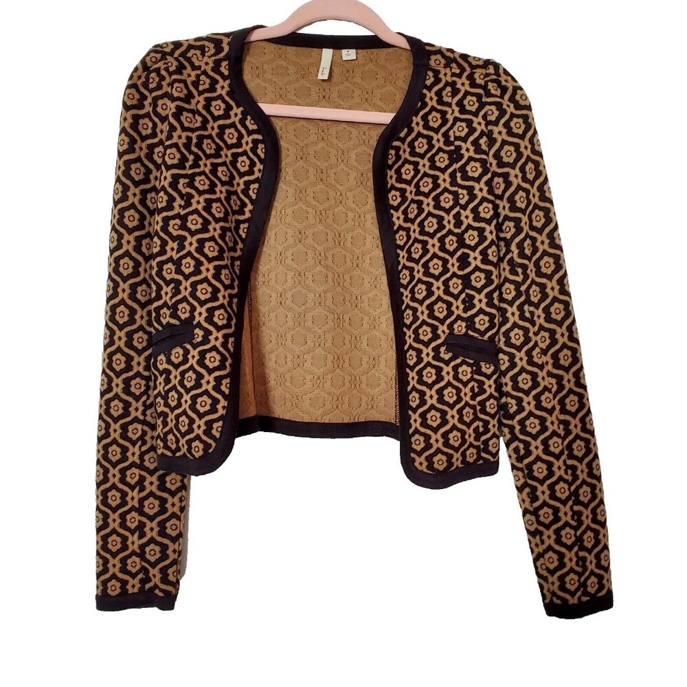 Frenchi Women's Open Sweater Black Tan Print Cropped Size M Front Pockets